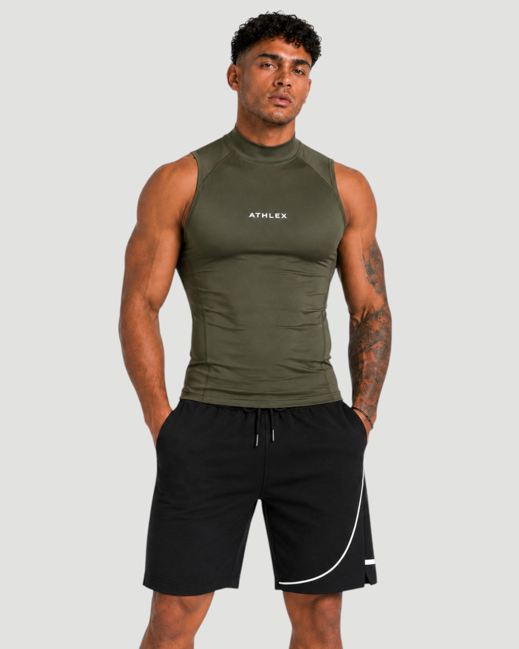 ATHLEX High Neck Compression Sleeveless Shirt - Olive Green