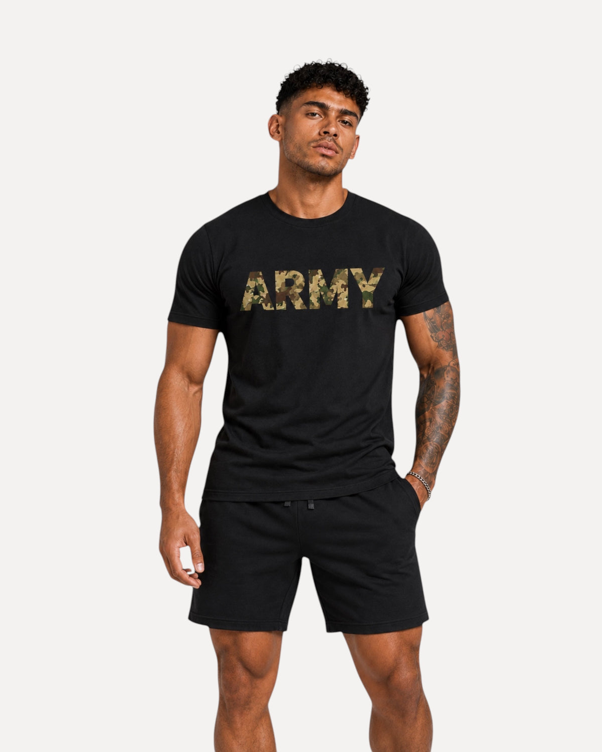 My Store ATHLEX black cotton t-shirt with camo ARMY chest graphic worn by a muscular man in athletic shorts