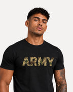 My Store ATHLEX black cotton t-shirt featuring a large ARMY chest graphic with a camouflage print on a male model.