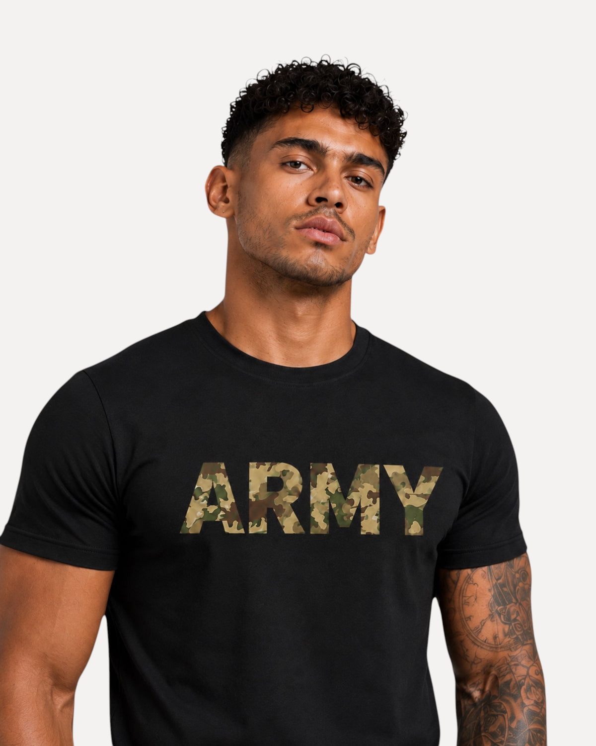 My Store ATHLEX black cotton t-shirt featuring a large ARMY chest graphic with a camouflage print on a male model.