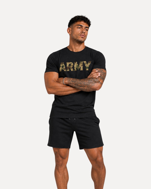 My Store ATHLEX black cotton t-shirt with ARMY chest graphic in camouflage print worn by a muscular man