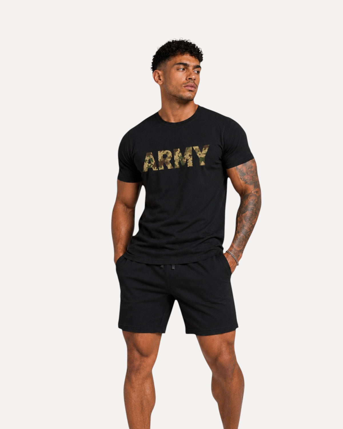 My Store ATHLEX black cotton t-shirt with camo ARMY chest graphic worn by a muscular man with tattoos