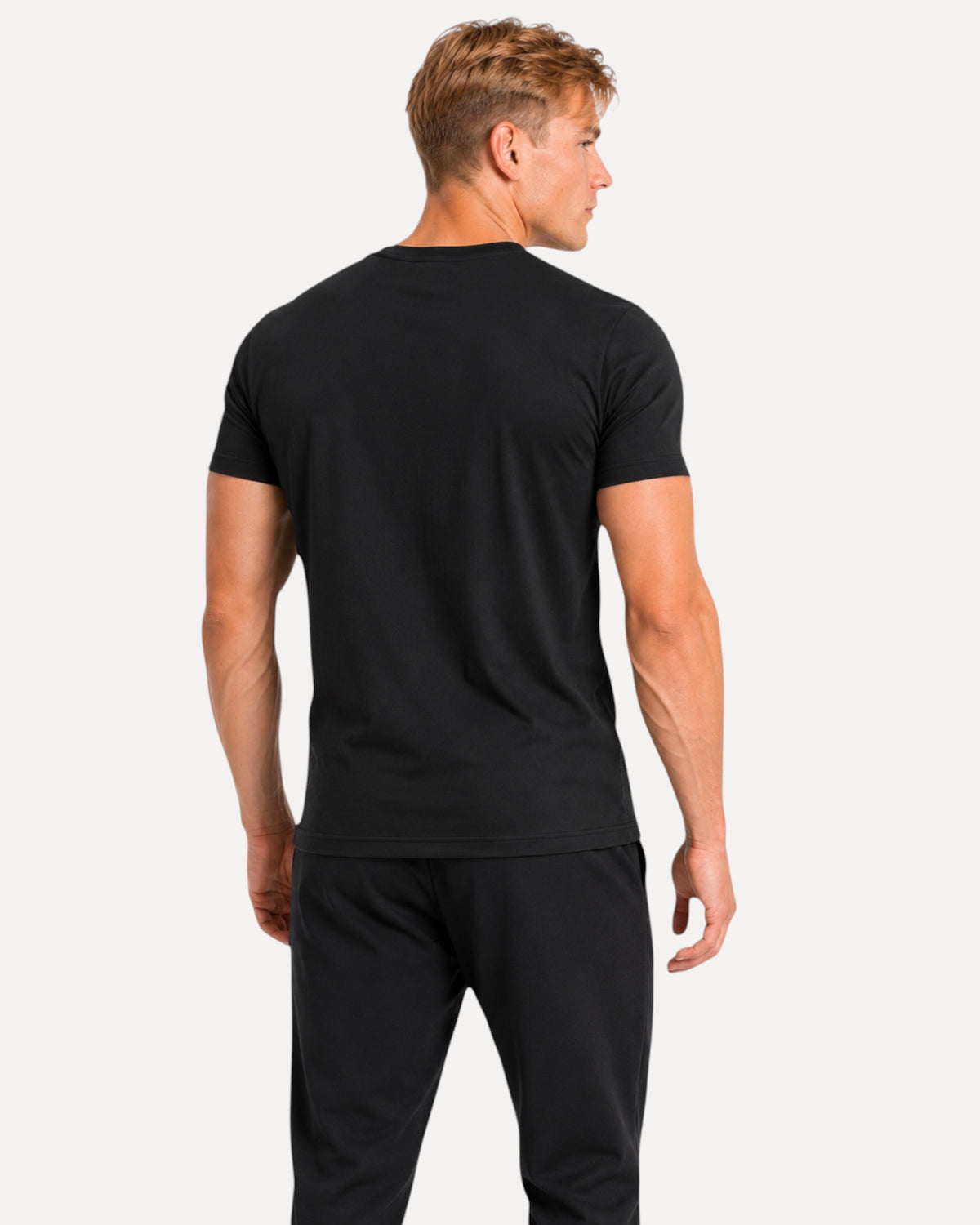 My Store ATHLEX men's black cotton crew neck t-shirt worn by a man, back view showing athletic fit