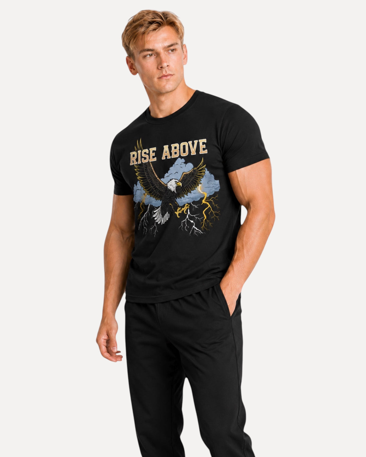 My Store ATHLEX men's black cotton graphic tee featuring a Rise Above eagle design worn by a fit model