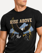 My Store ATHLEX black cotton graphic tee featuring a Rise Above eagle and lightning design on a muscular model