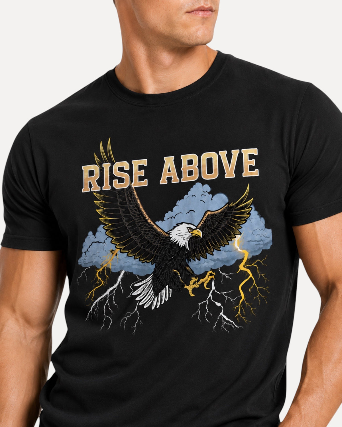 My Store ATHLEX black cotton graphic tee featuring a Rise Above eagle and lightning design on a muscular model