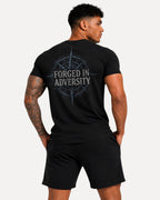 My Store Athlex black athletic t-shirt with Forged in Adversity compass back graphic worn by a muscular man