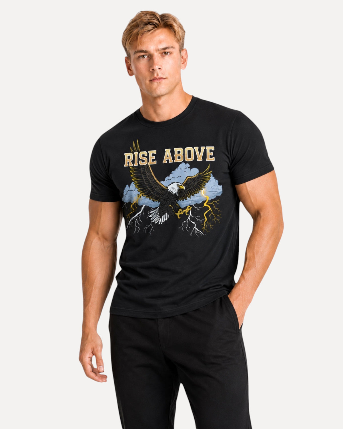 My Store ATHLEX men's black cotton graphic tee featuring an eagle and lightning design with Rise Above text