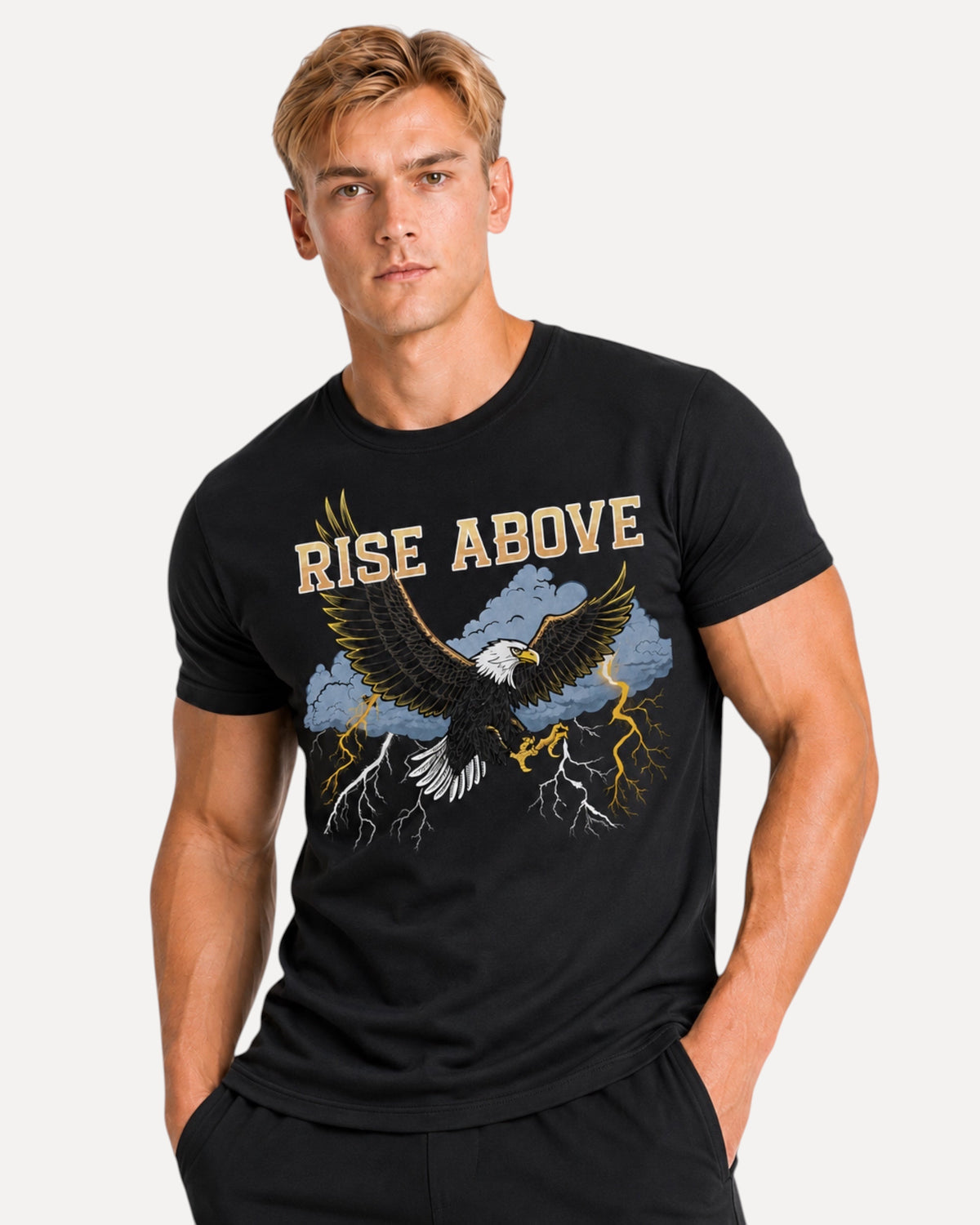 My Store ATHLEX black cotton graphic tee featuring a motivational eagle and lightning design worn by a male model
