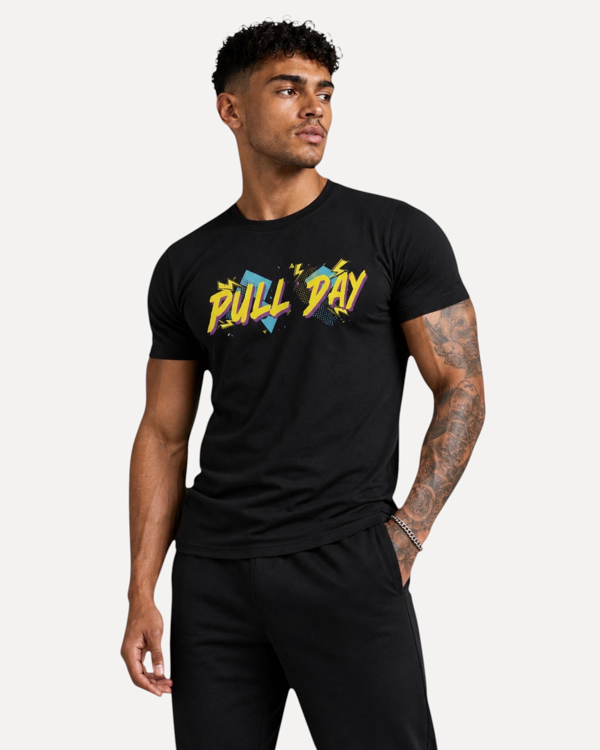 My Store ATHLEX men's black cotton graphic t-shirt with colorful Pull Day print worn by a fit model.