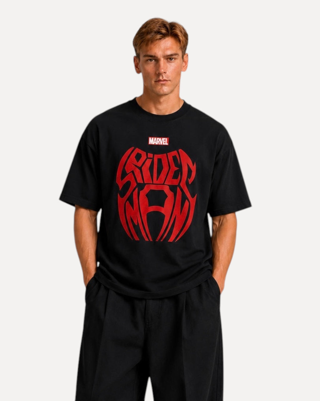 My Store ATHLEX black cotton t-shirt with a bold red Spider-Man graphic worn by a male model