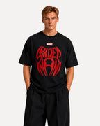 My Store ATHLEX black cotton t-shirt with a bold red Spider-Man graphic worn by a male model