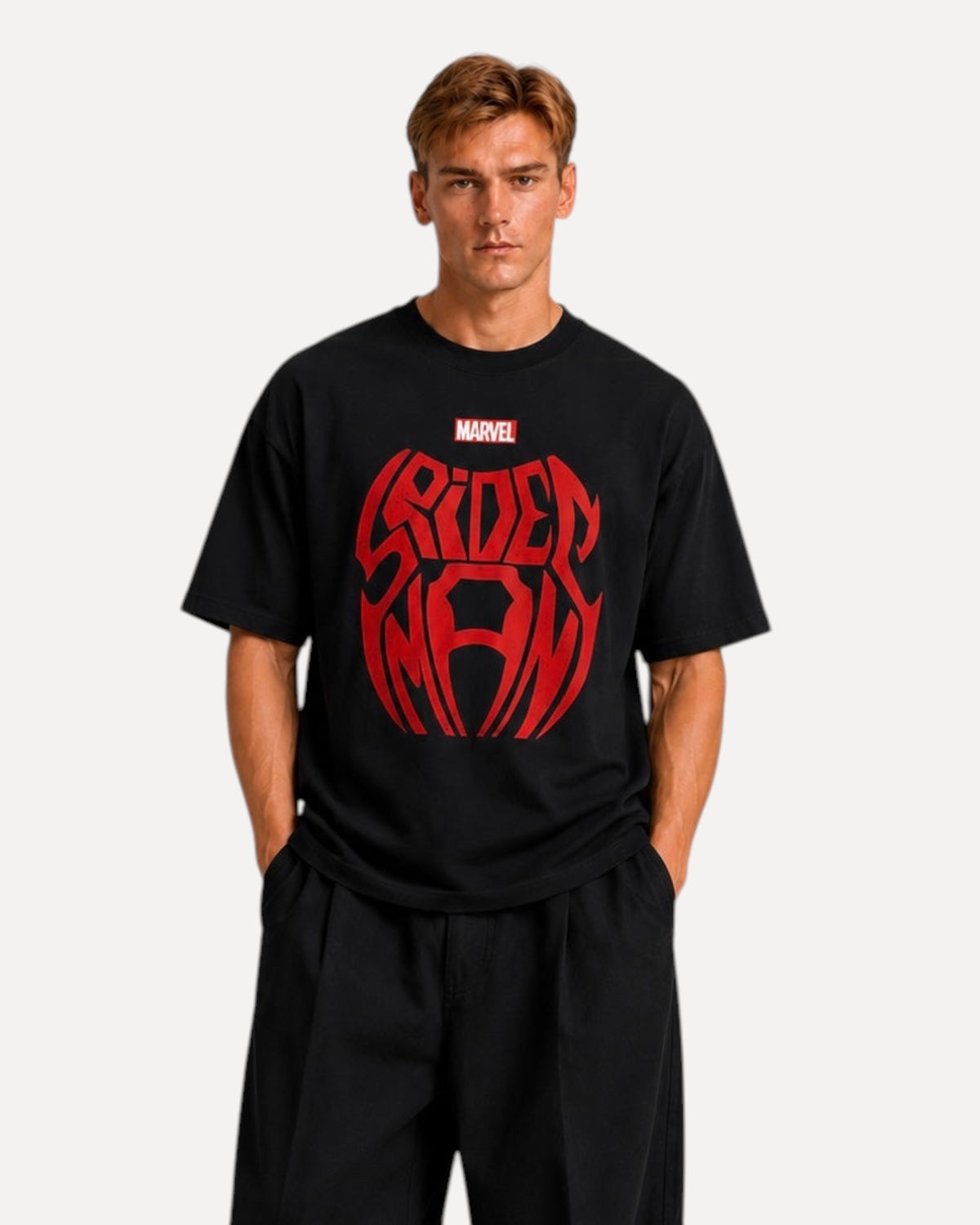 My Store ATHLEX black cotton t-shirt with a bold red Spider-Man graphic worn by a male model