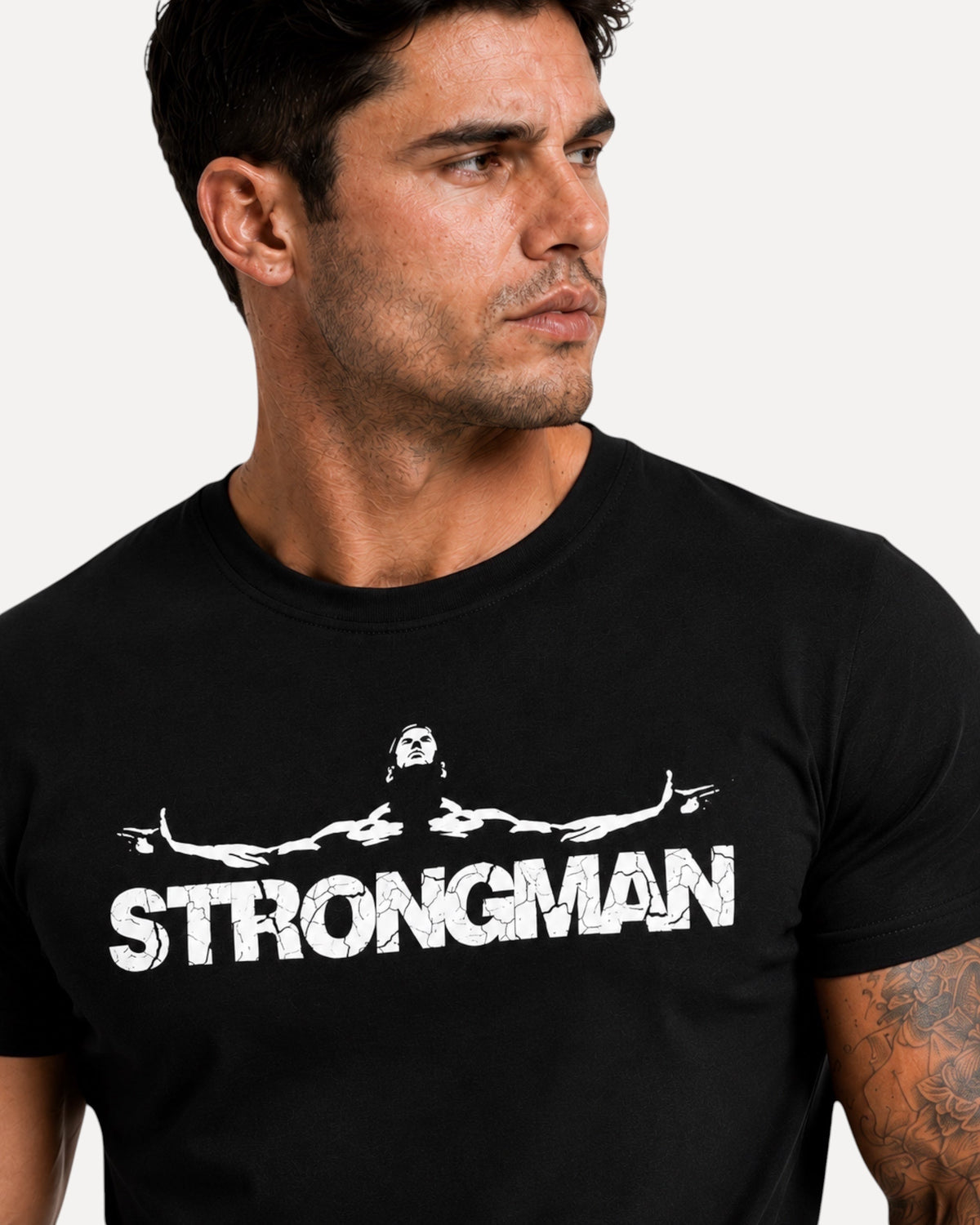 My Store ATHLEX men's black cotton graphic tee featuring a white Strongman print worn by a muscular model