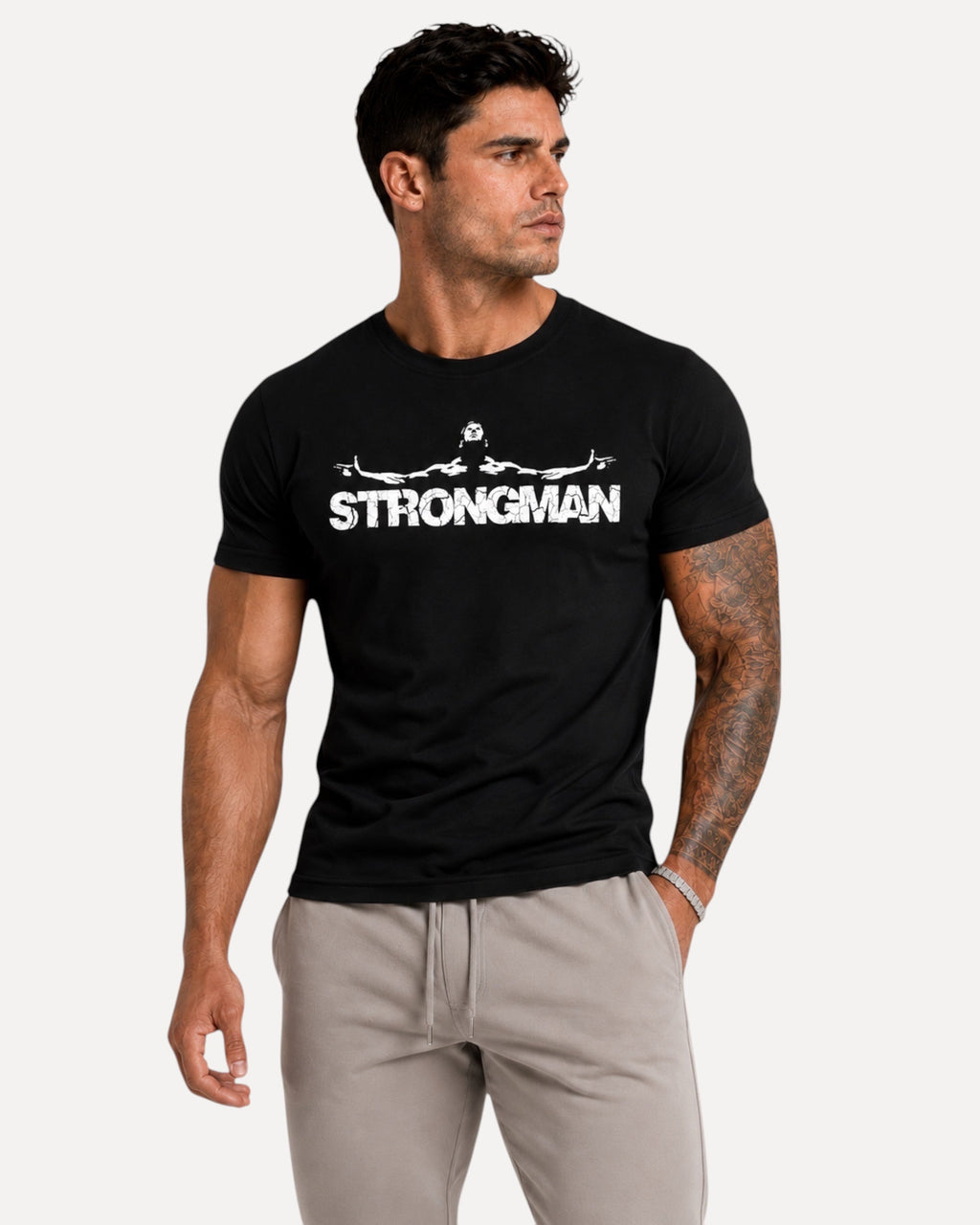My Store ATHLEX men's black cotton graphic tee featuring a white Strongman print worn by a muscular model