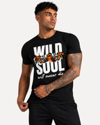 My Store ATHLEX black cotton graphic tee featuring a Wild Soul tiger eye print worn by a tattooed man