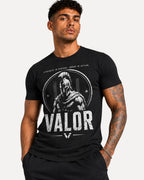 My Store ATHLEX black cotton graphic tee featuring a white Valor warrior helmet print on a muscular model