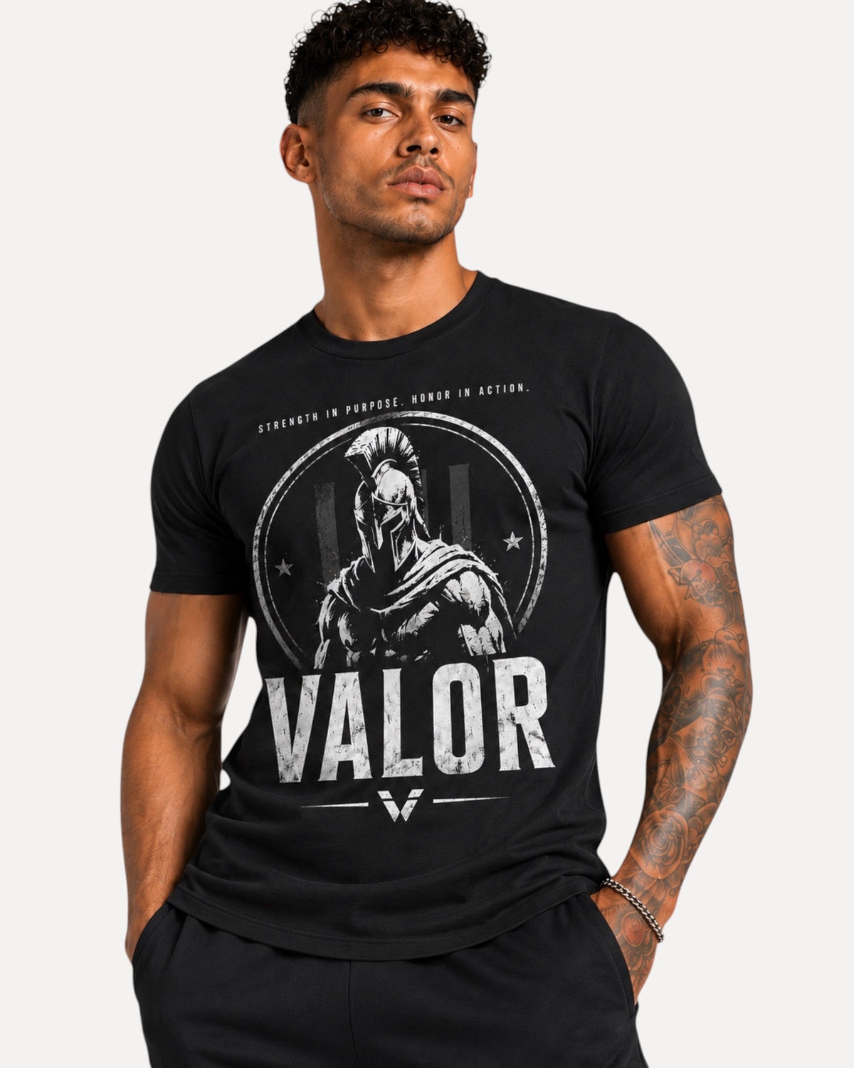 My Store ATHLEX black cotton graphic tee featuring a white Valor warrior helmet print on a muscular model