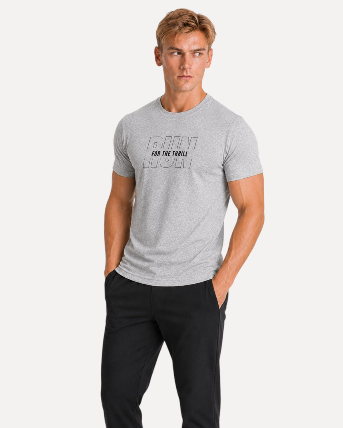 My Store ATHLEX grey athletic fit cotton t-shirt with Run For The Thrill chest graphic worn by a male model