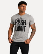 My Store ATHLEX grey athletic fit cotton t-shirt with distressed Push Your Limit graphic on a muscular male model
