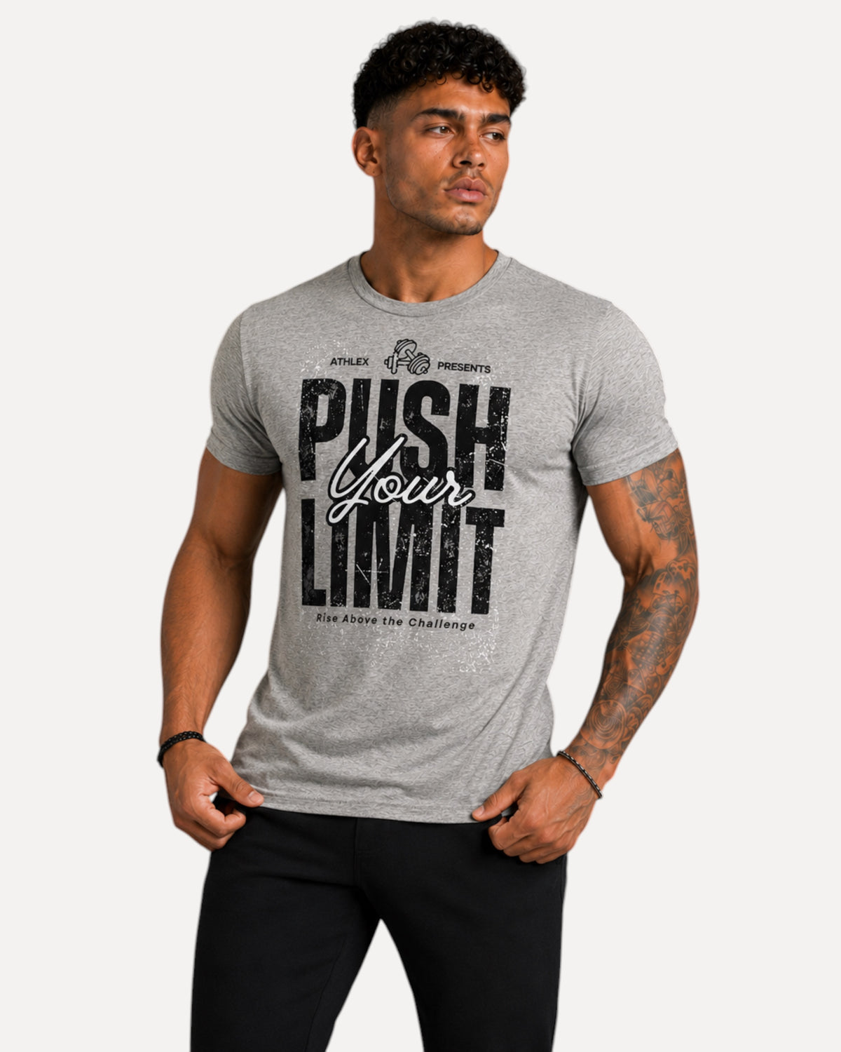 My Store ATHLEX grey athletic fit cotton t-shirt with distressed Push Your Limit graphic on a muscular male model