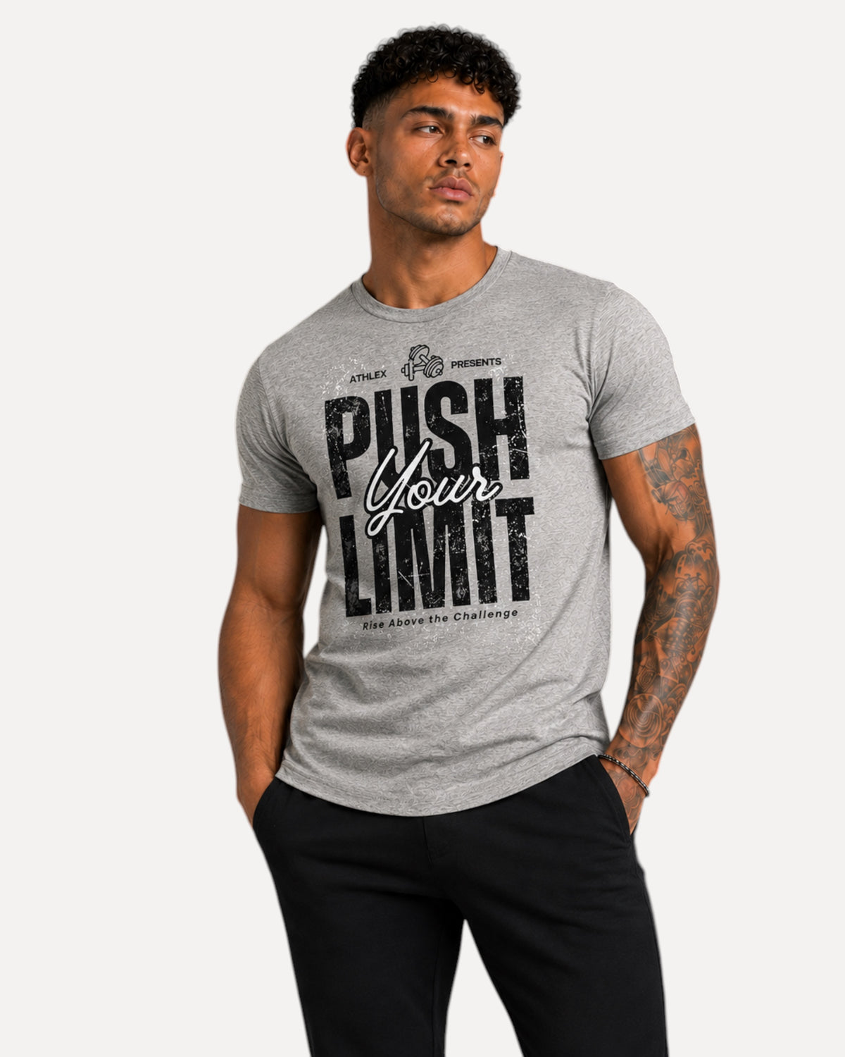 My Store ATHLEX grey athletic fit t-shirt with distressed Push Your Limit graphic worn by a muscular man