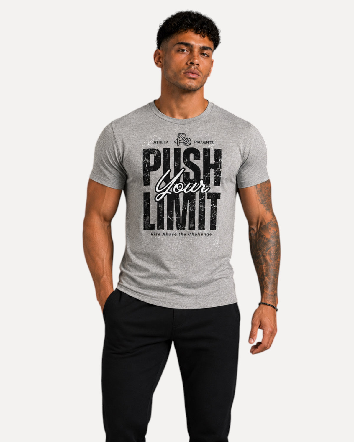 My Store ATHLEX grey cotton athletic fit t-shirt with distressed Push Your Limit graphic on a male model