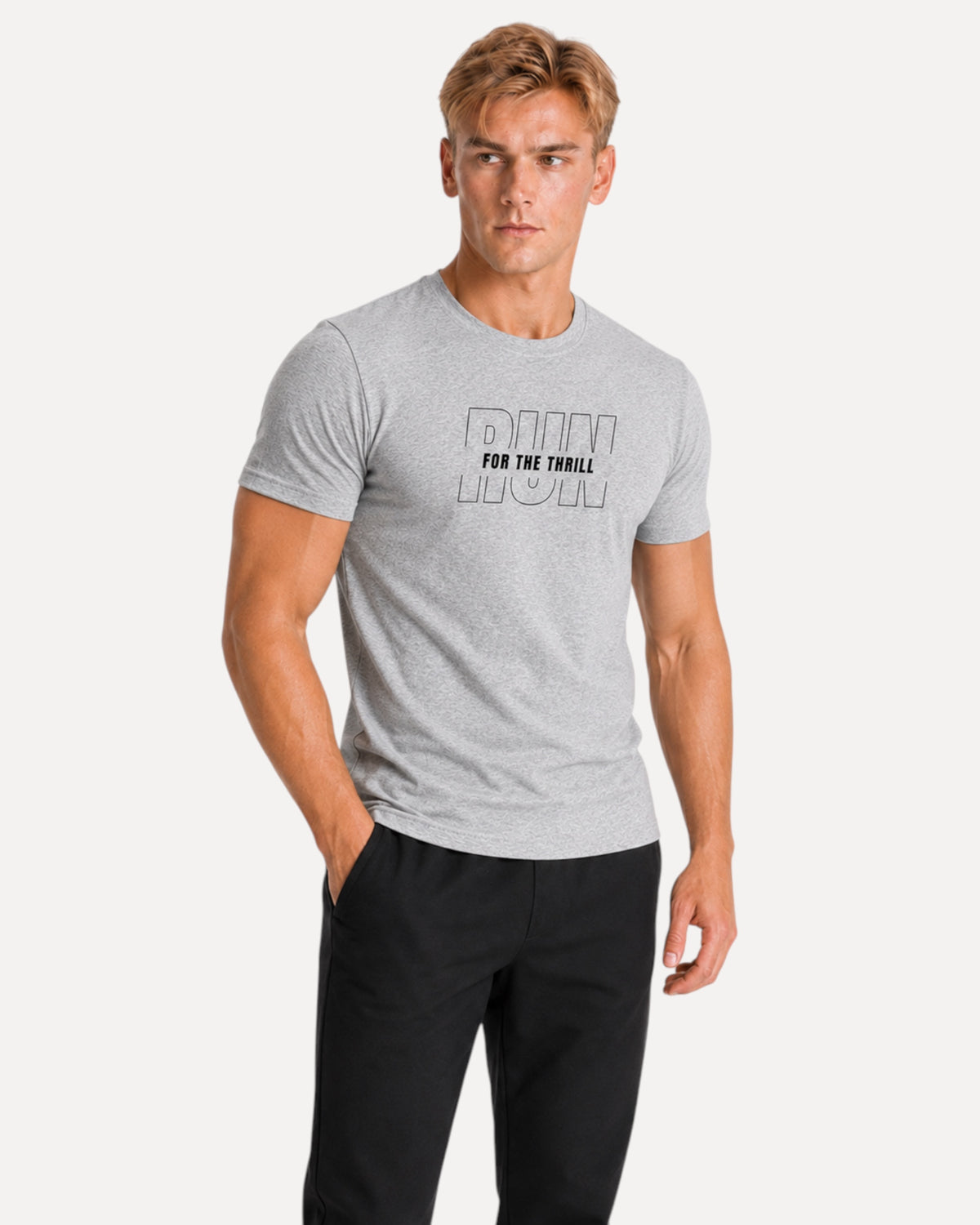 My Store ATHLEX grey athletic fit cotton t-shirt with Run For The Thrill graphic worn by a male model