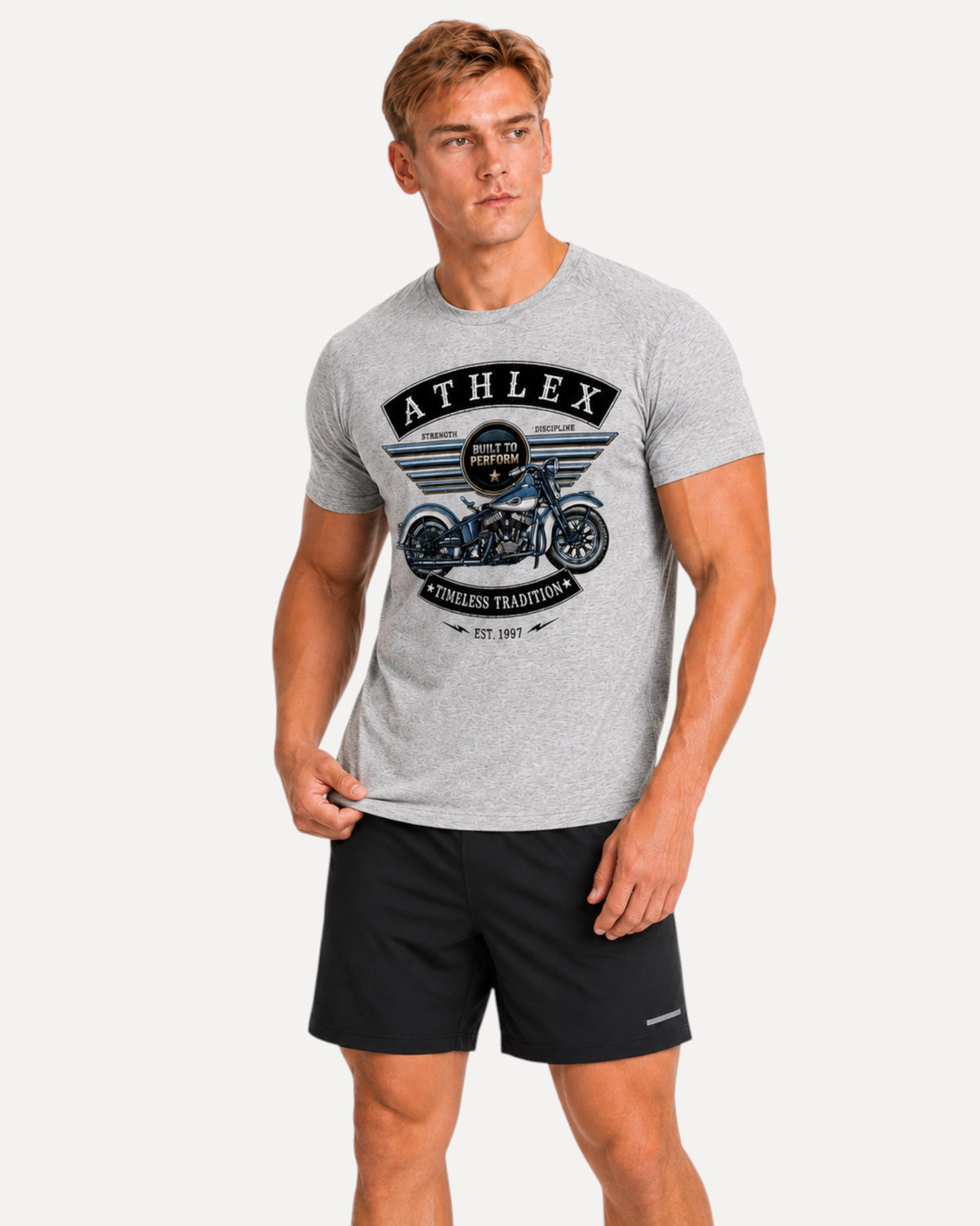My Store ATHLEX grey athletic fit t-shirt featuring a vintage motorcycle graphic and Built to Perform text on a model