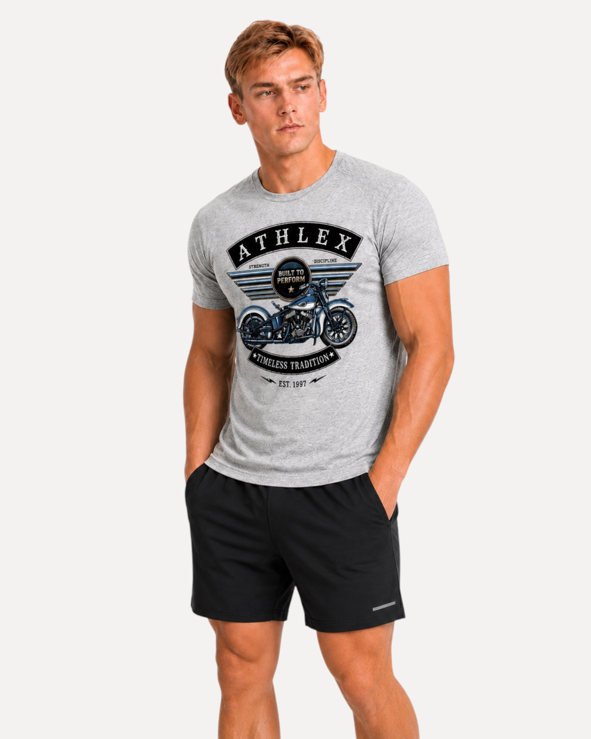 My Store ATHLEX grey athletic fit t-shirt featuring a vintage motorcycle graphic and Built to Perform text on a model