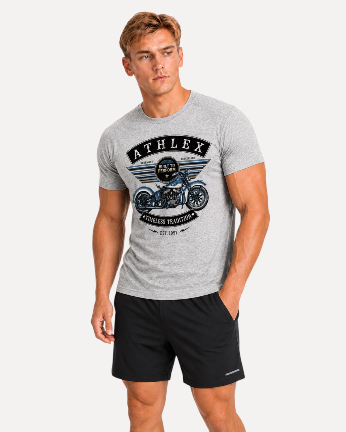 My Store ATHLEX grey athletic fit t-shirt featuring a vintage motorcycle graphic and Built to Perform text on a model