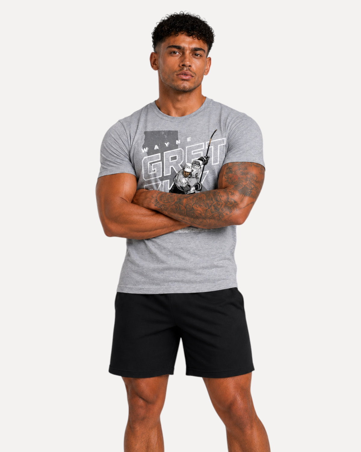 My Store ATHLEX Ice Legend grey cotton crew-neck t-shirt with hockey graphic worn by a muscular man with tattoos