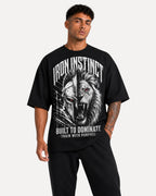 My Store Athlex Iron Instinct oversized black graphic t-shirt featuring a lion and warrior helmet on a male model