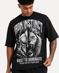 My Store Athlex Iron Instinct black oversized graphic t-shirt featuring a warrior helmet and lion design on a man.