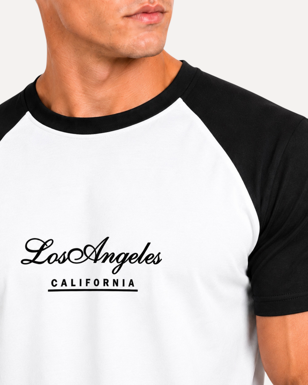 My Store ATHLEX men's white raglan tee with black sleeves and Los Angeles California graphic print