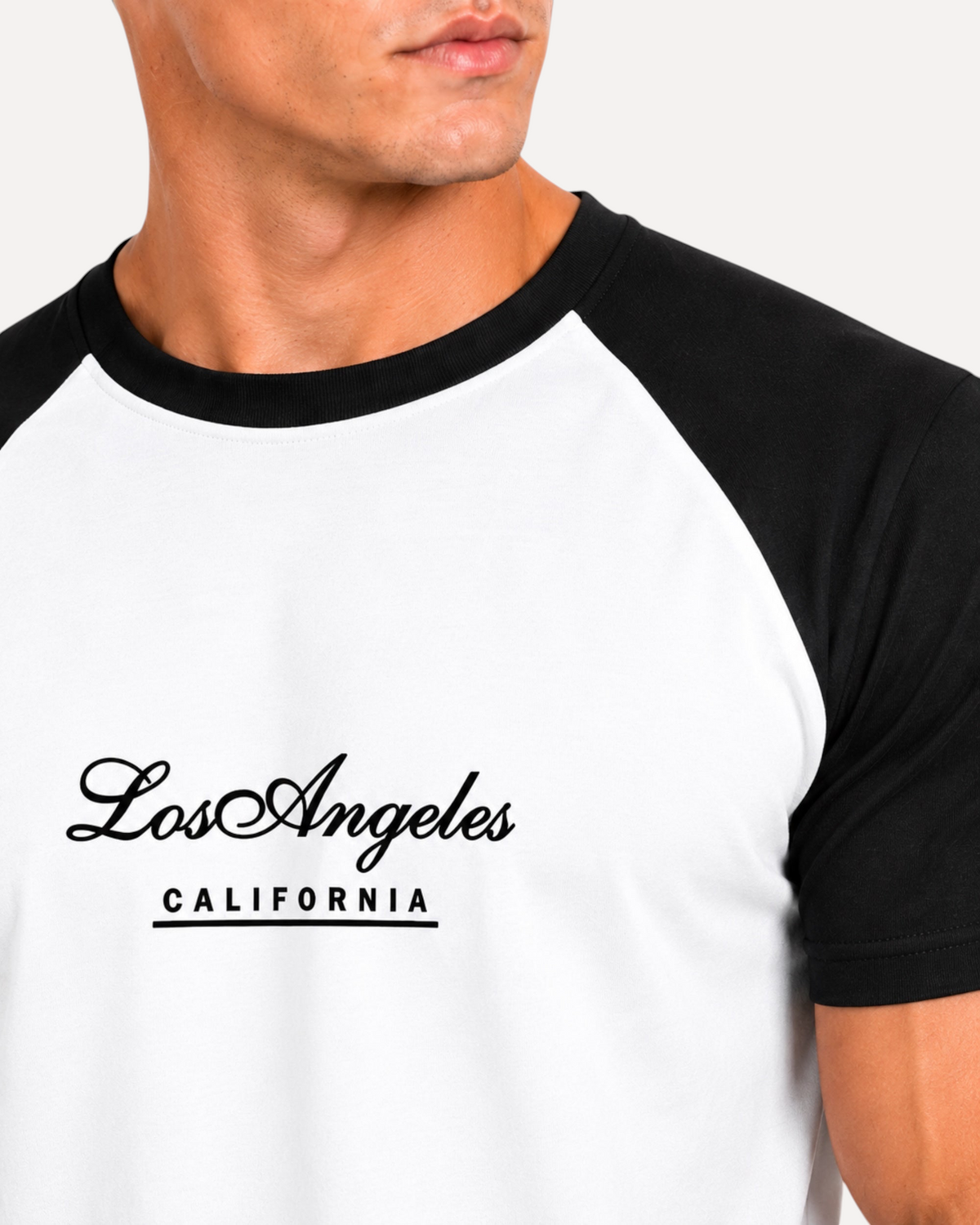 My Store ATHLEX men's white raglan tee with black sleeves and Los Angeles California graphic print