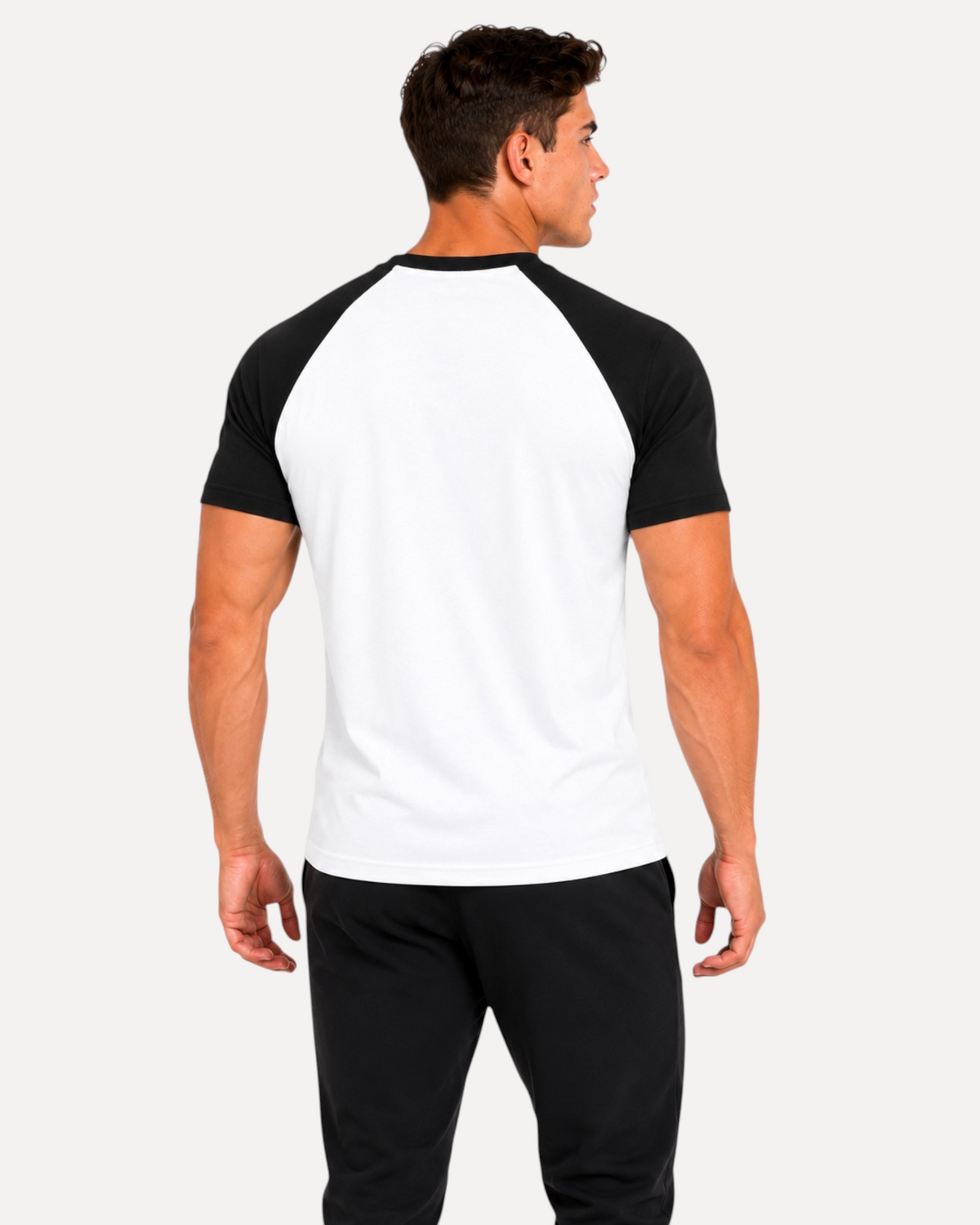 My Store ATHLEX men's raglan tee with white body and black contrast sleeves, viewed from the back on a male model.
