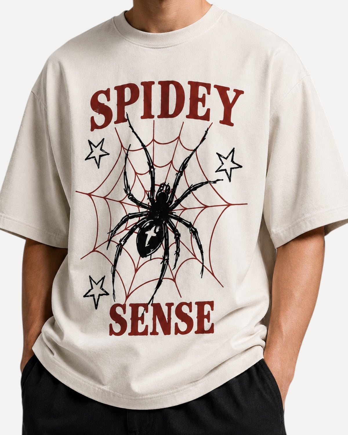 My Store ATHLEX off-white oversized cotton t-shirt with a black spider and red web graphic and Spidey Sense text