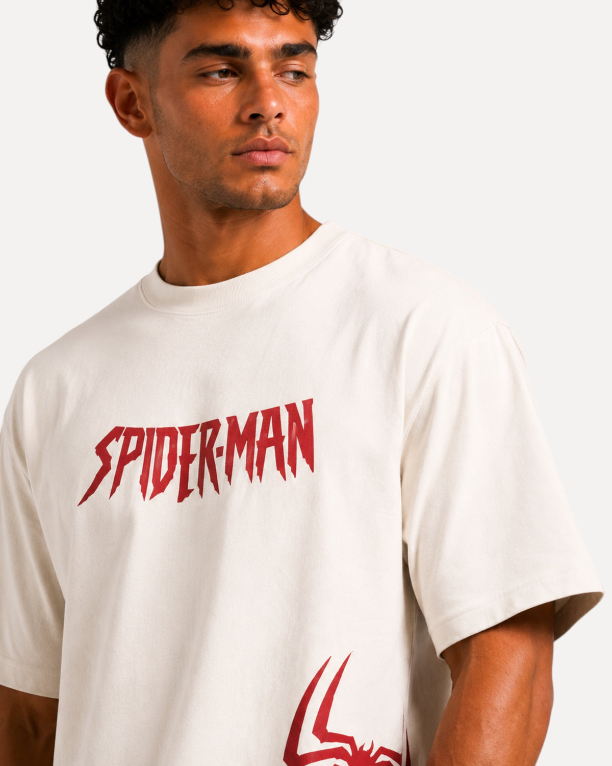 My Store ATHLEX off-white cotton oversized t-shirt with red Spider-Man chest graphic worn by a male model