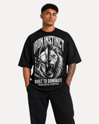 My Store Athlex Iron Instinct oversized black graphic t-shirt with lion and warrior helmet print on a male model