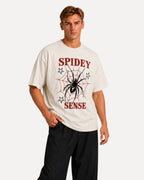 My Store ATHLEX off-white oversized cotton t-shirt with a black spider and red web graphic on the front.