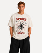 My Store ATHLEX off-white oversized cotton t-shirt with a black spider and red web graphic on a male model