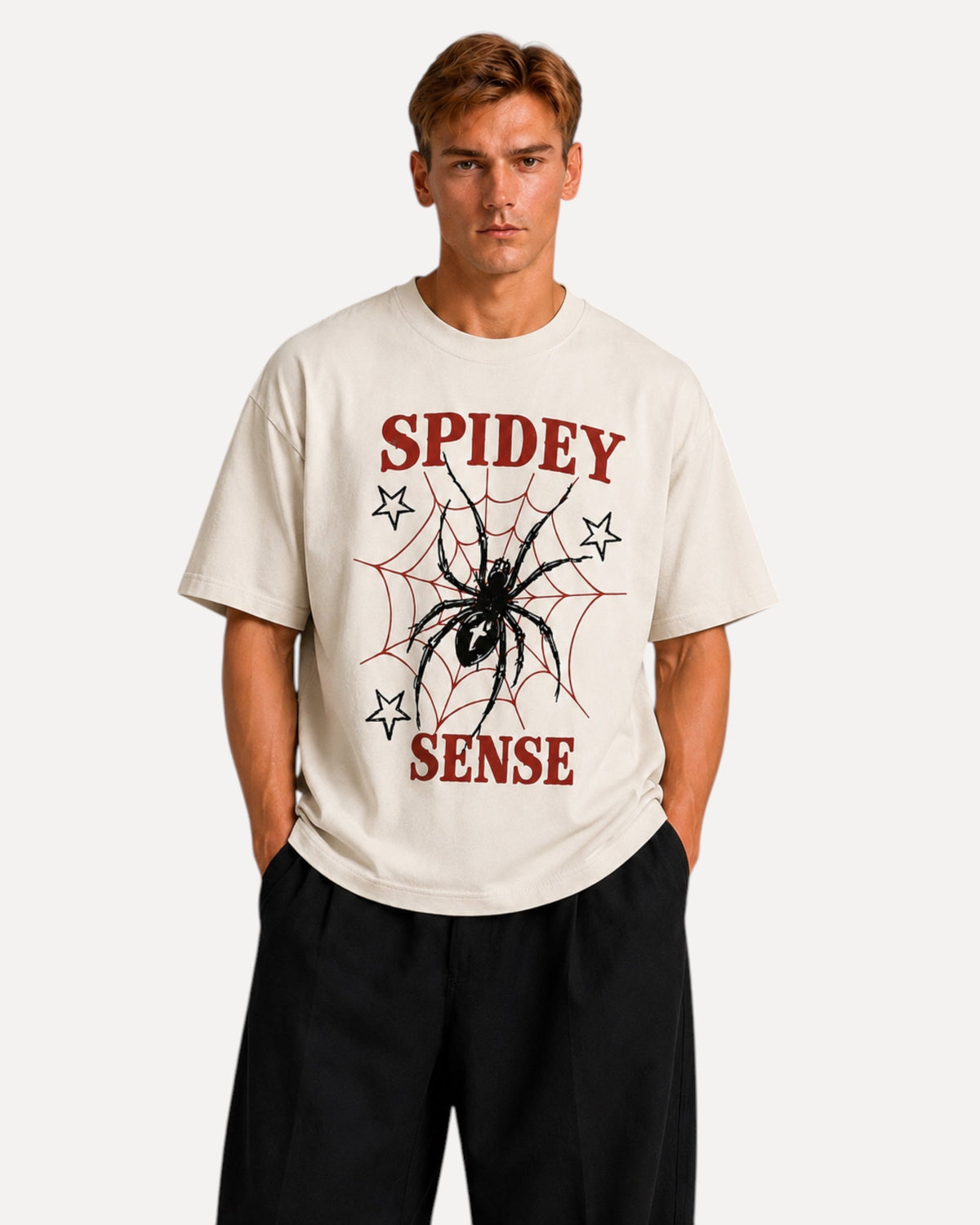 My Store ATHLEX off-white oversized cotton t-shirt with a black spider and red web graphic on a male model