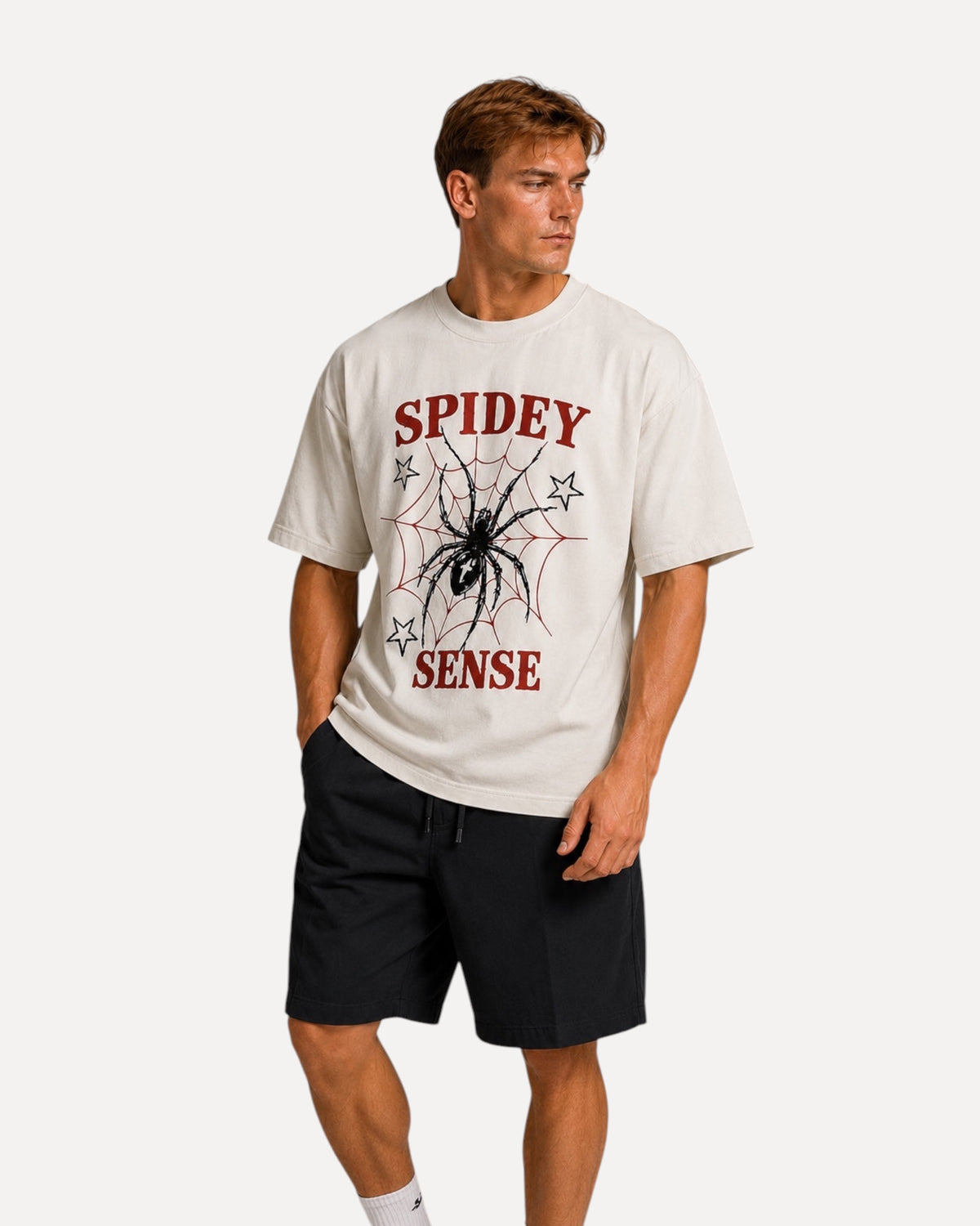 My Store ATHLEX Spidey Sense oversized off-white cotton tee with a black spider graphic and red text on a male model