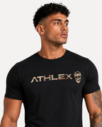 My Store ATHLEX Phantom Skull black cotton crew neck t-shirt with camo logo worn by a man