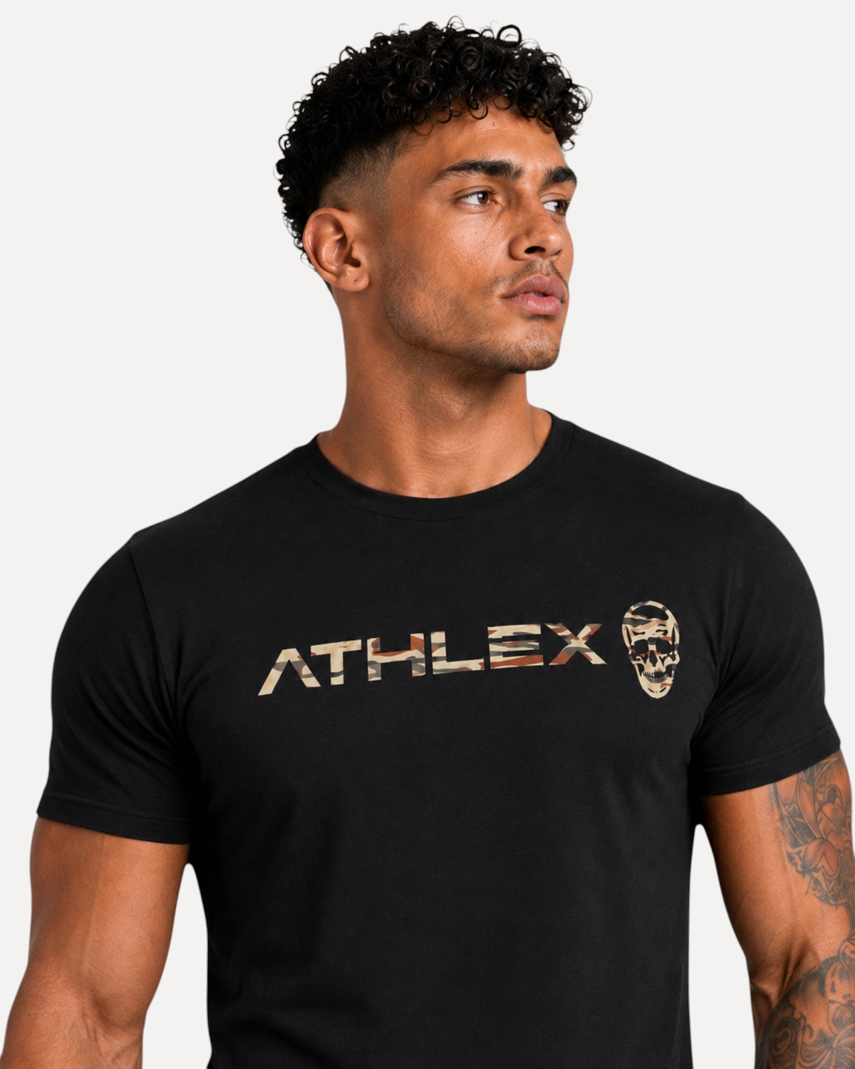 My Store ATHLEX Phantom Skull black cotton crew neck t-shirt with camo logo worn by a man