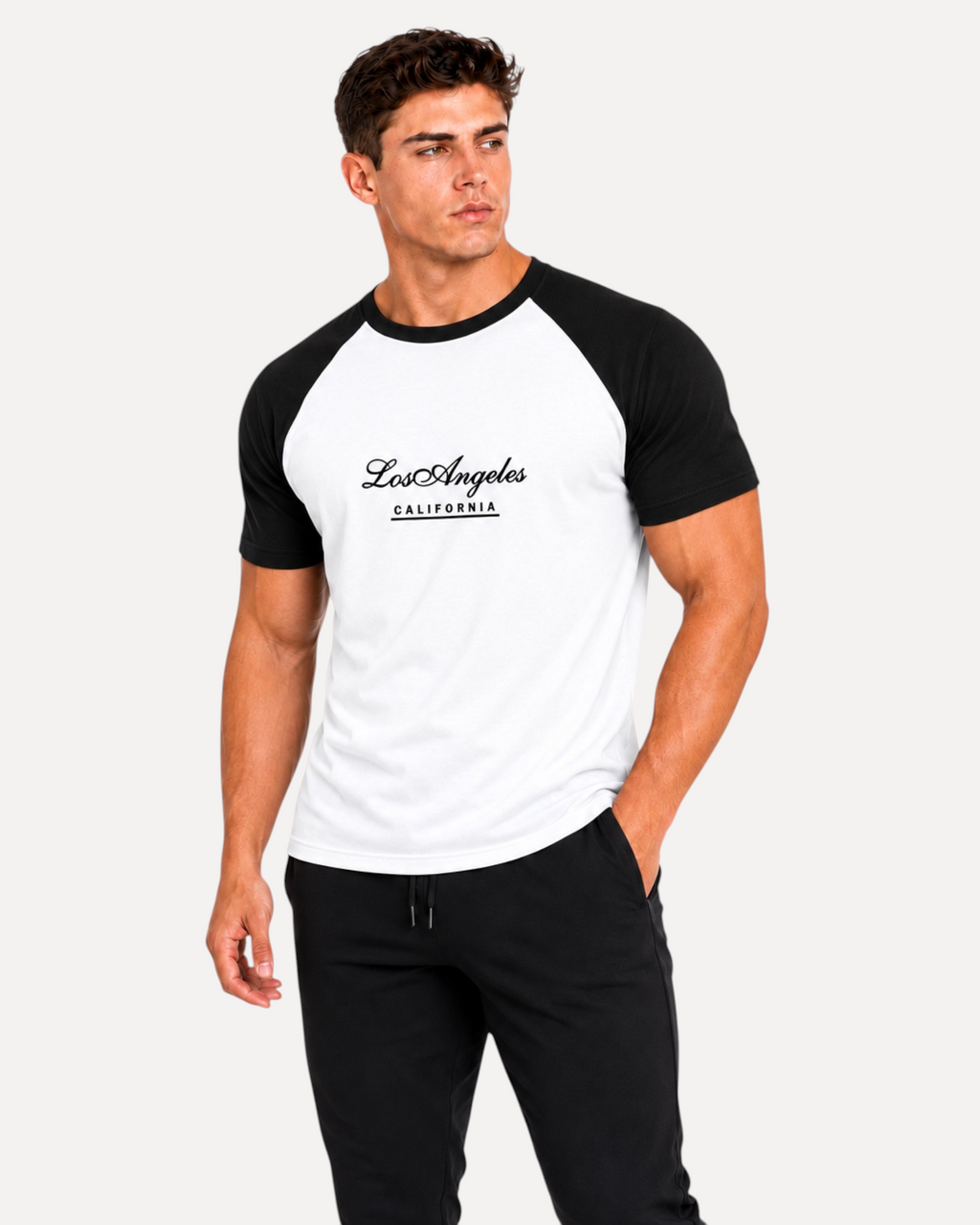 My Store ATHLEX men's white and black raglan cotton tee with Los Angeles California graphic on a male model