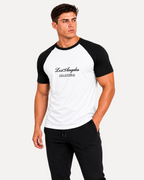 My Store ATHLEX men's white and black raglan cotton tee with Los Angeles California chest graphic worn by a model
