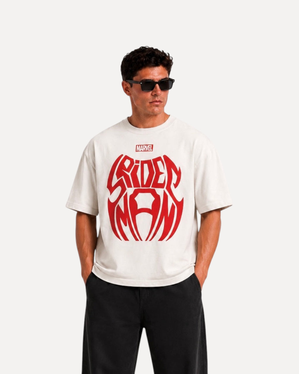 My Store ATHLEX off-white oversized cotton t-shirt with a bold red Spider-Man graphic worn by a man in sunglasses.