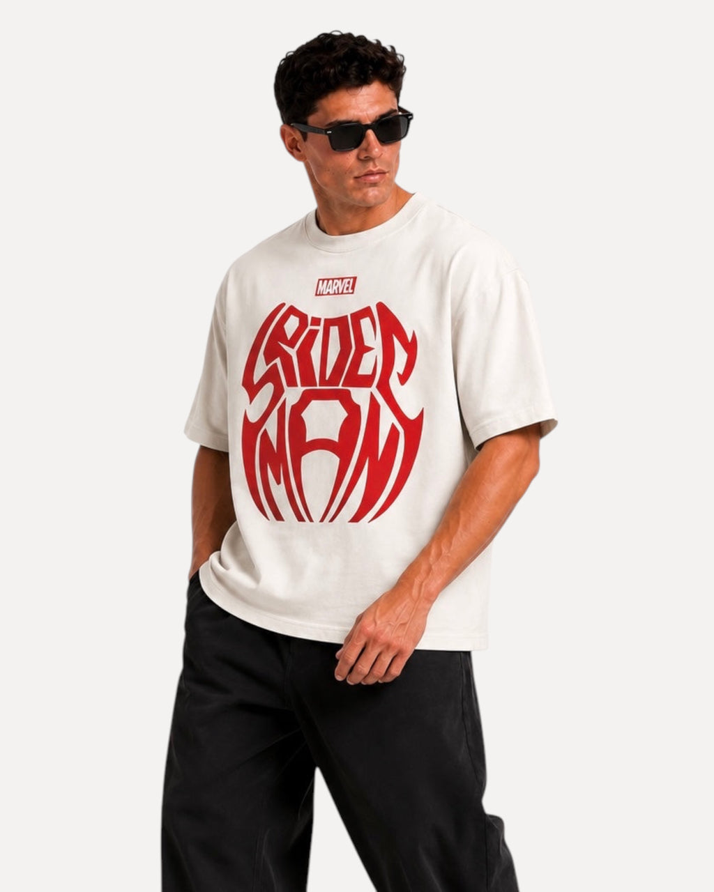My Store ATHLEX off-white oversized cotton t-shirt with a bold red Spider-Man graphic worn by a male model